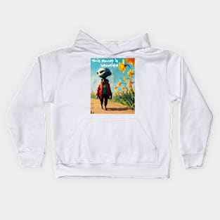 Alien walking through a vast field of yellow daffodils Kids Hoodie